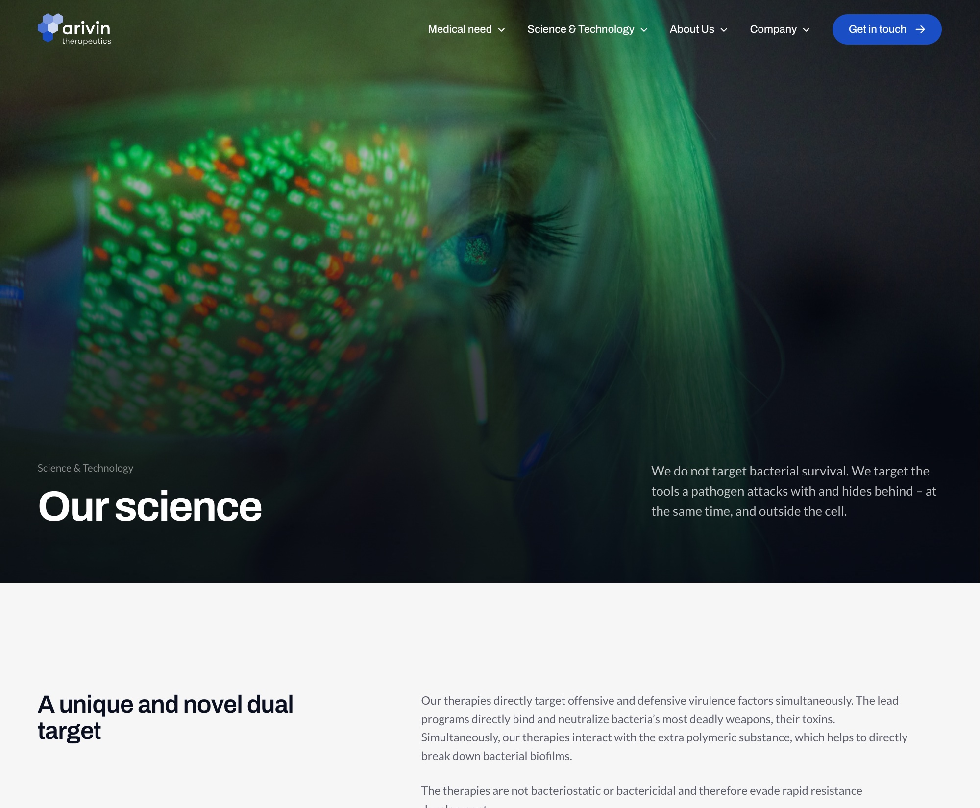 The redesigned Our science page: a photograph hero with the company's statement, then the dual-target section in two columns.