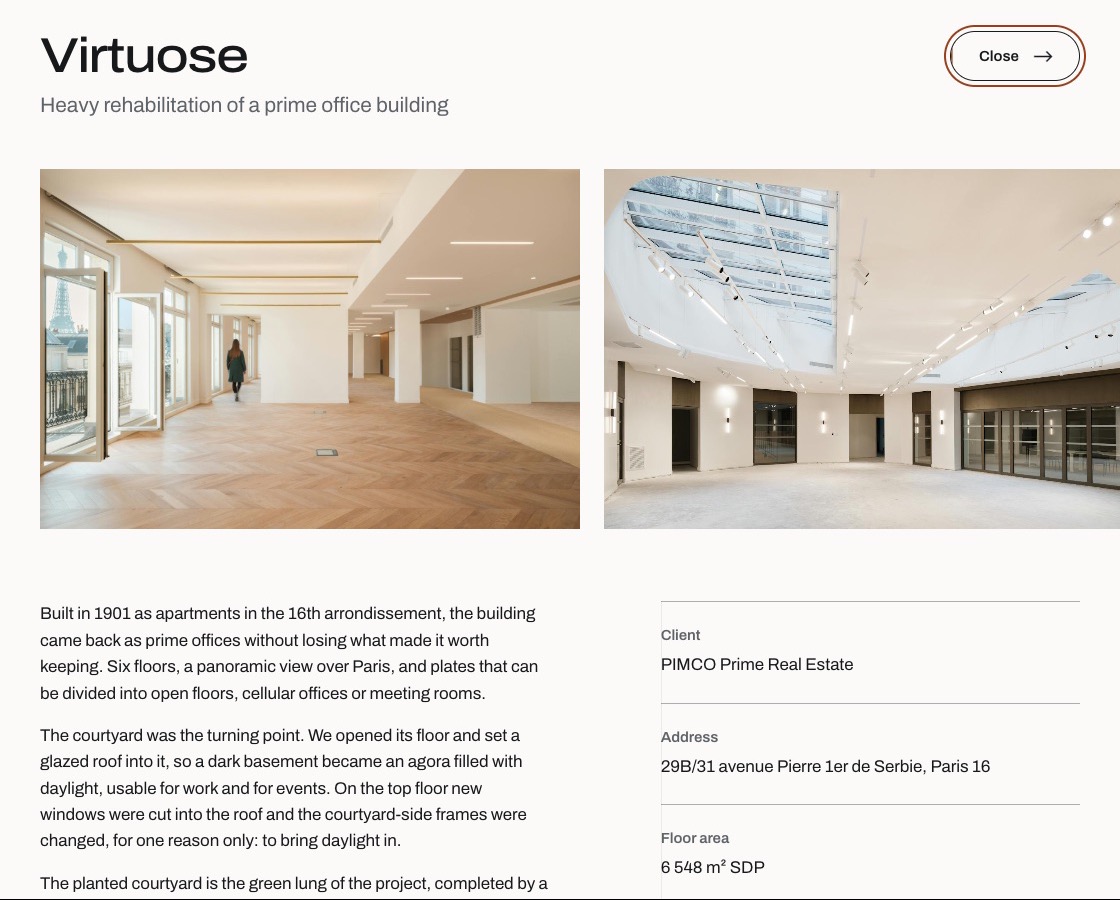 The redesigned Virtuose project sheet: a gallery, the story of the building and a technical card with client, address and floor area.