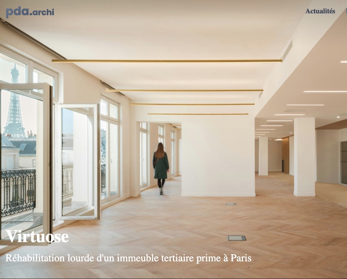 The original Virtuose project page: a full-screen interior photograph with the title and a French subtitle laid over it.