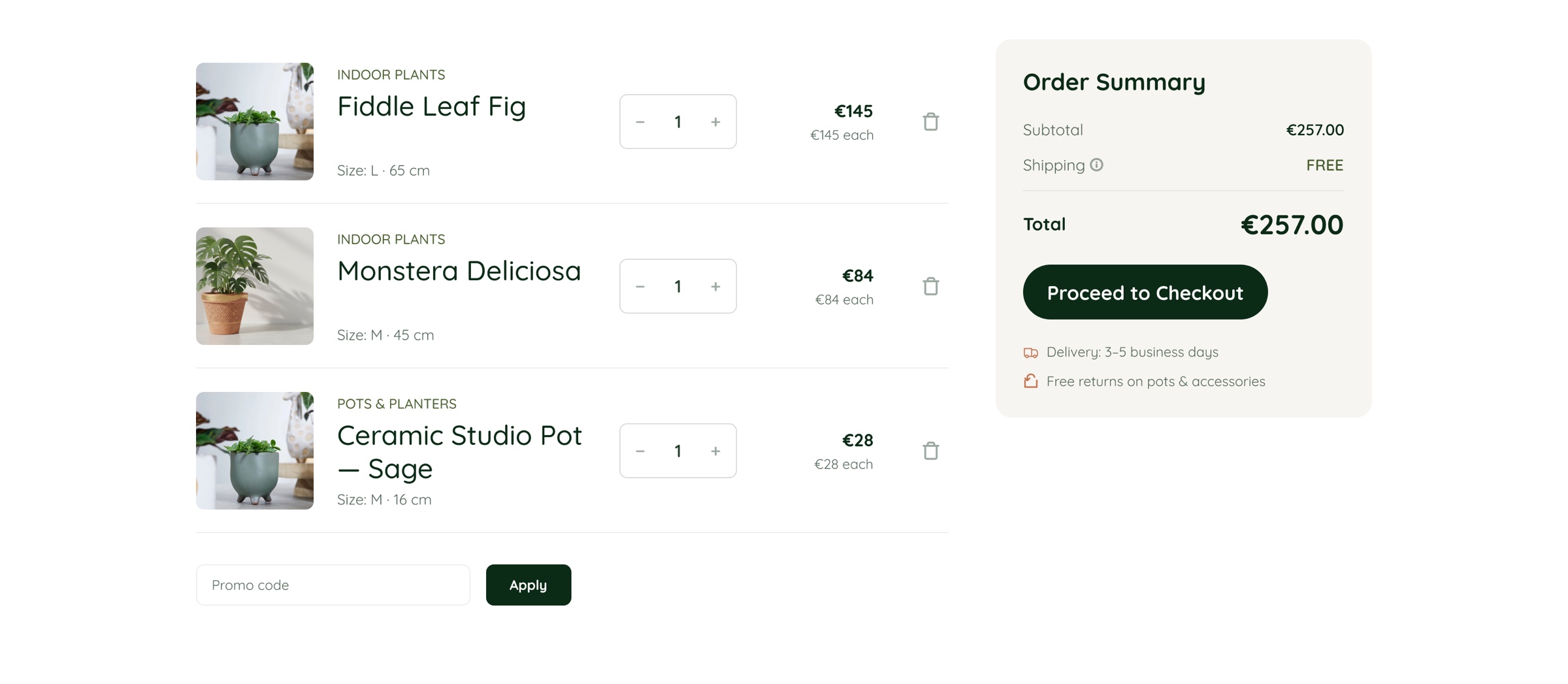 Shopping bag with line items and the order summary