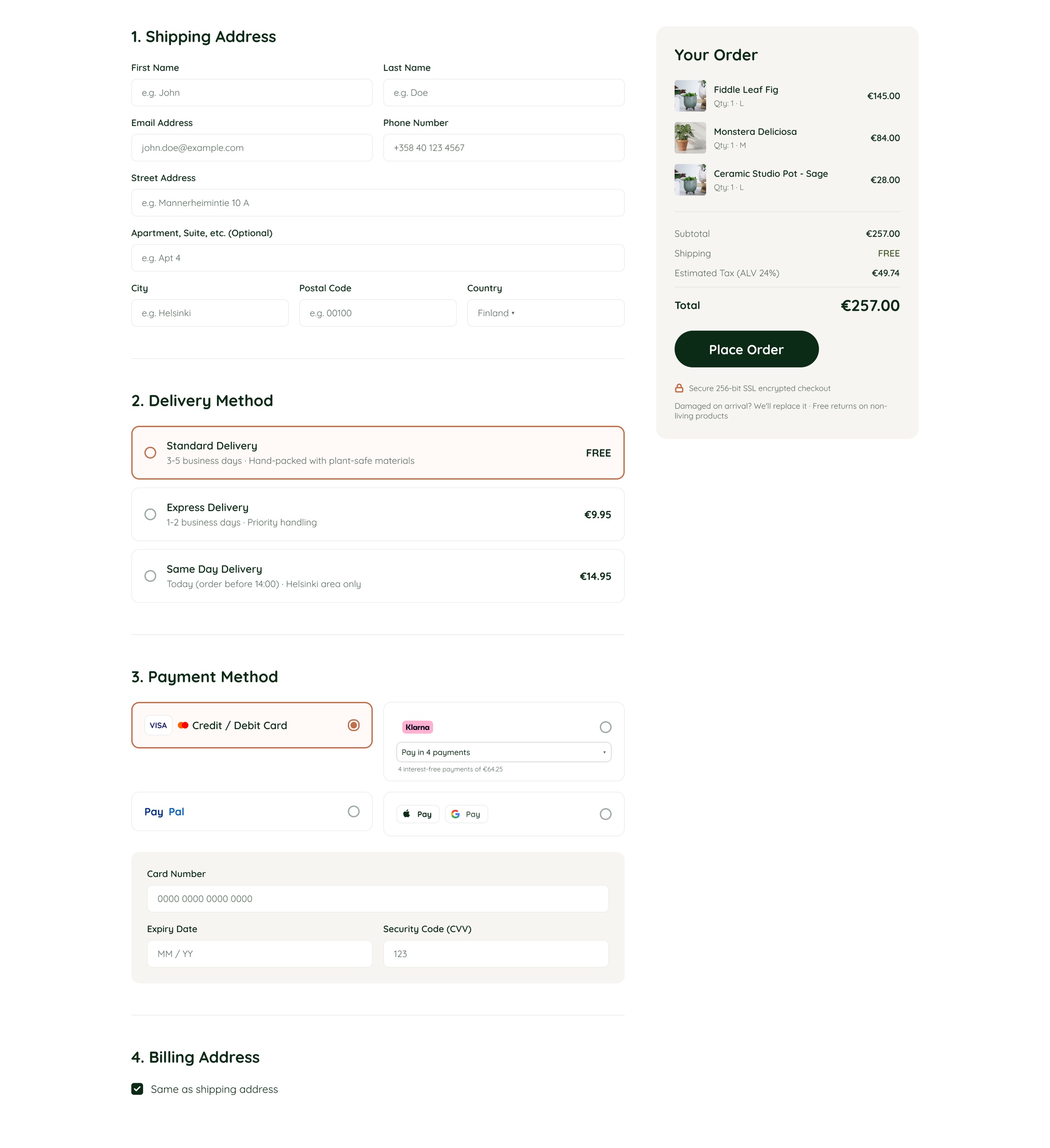 Checkout: address, delivery method and payment