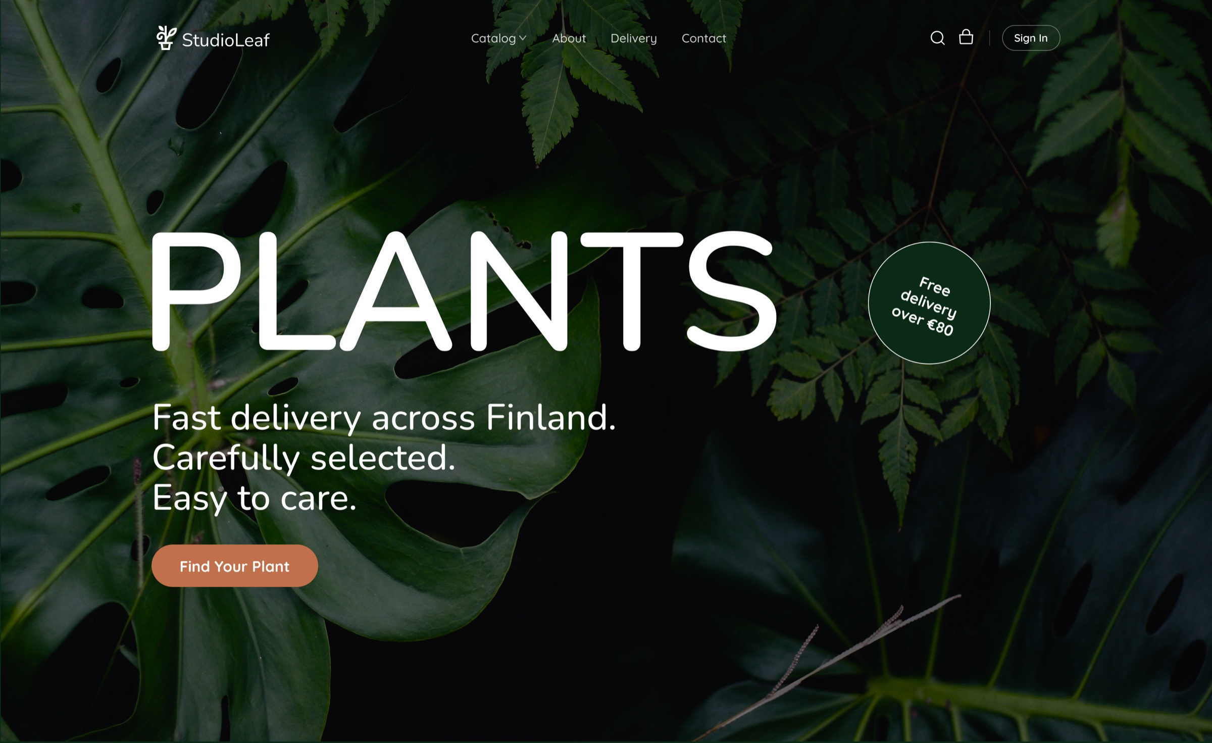 StudioLeaf home page: a full-bleed plant photograph with search and category navigation over it.