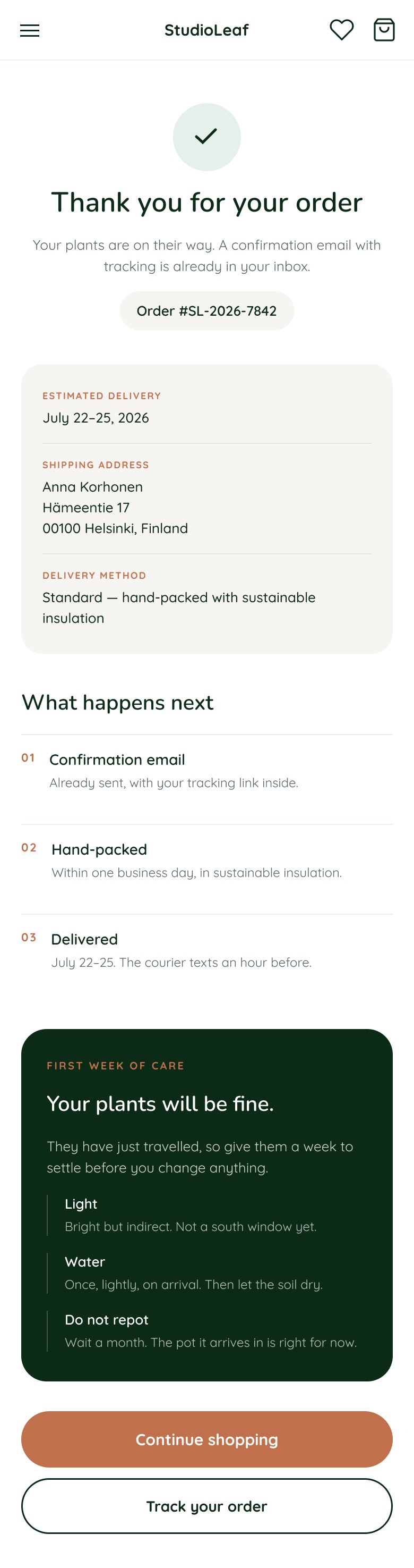 Mobile order confirmation with what happens next and first week of care.