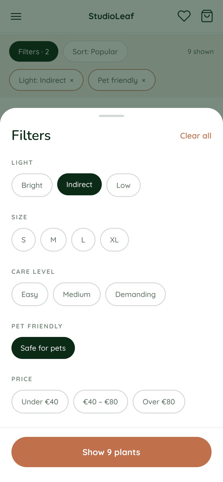Mobile filter bottom sheet over a dimmed catalogue, with the result count on the confirm button.