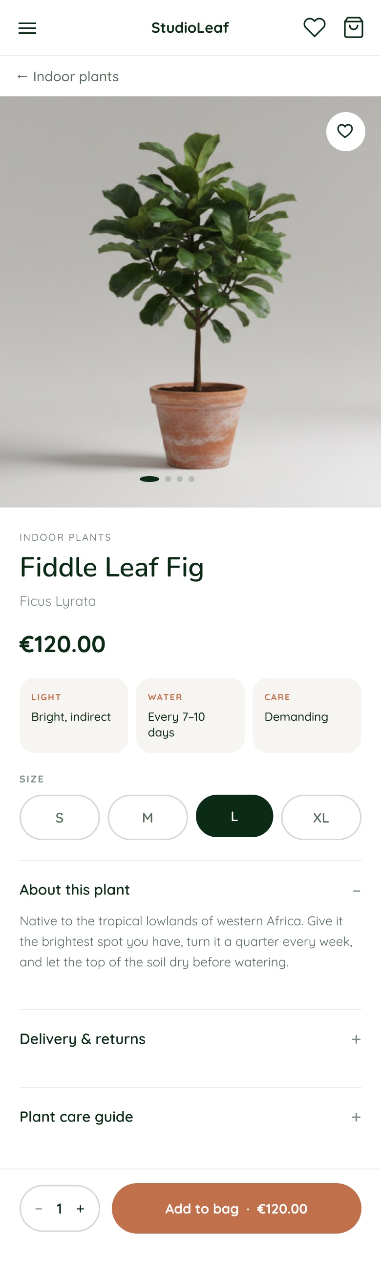 Mobile product page with care facts under the price and a pinned add to bag bar.