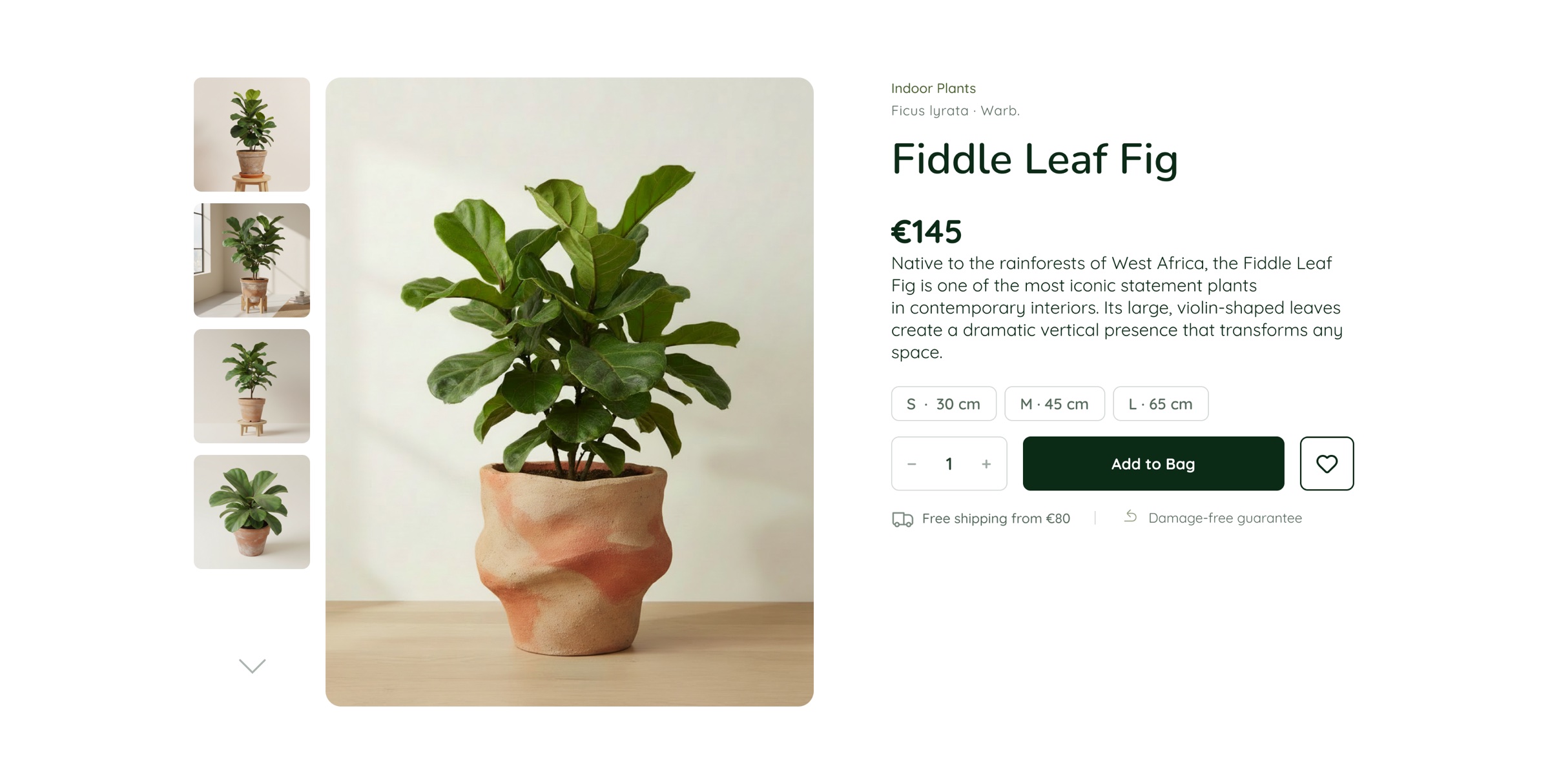 Product page with gallery, size selector and care facts