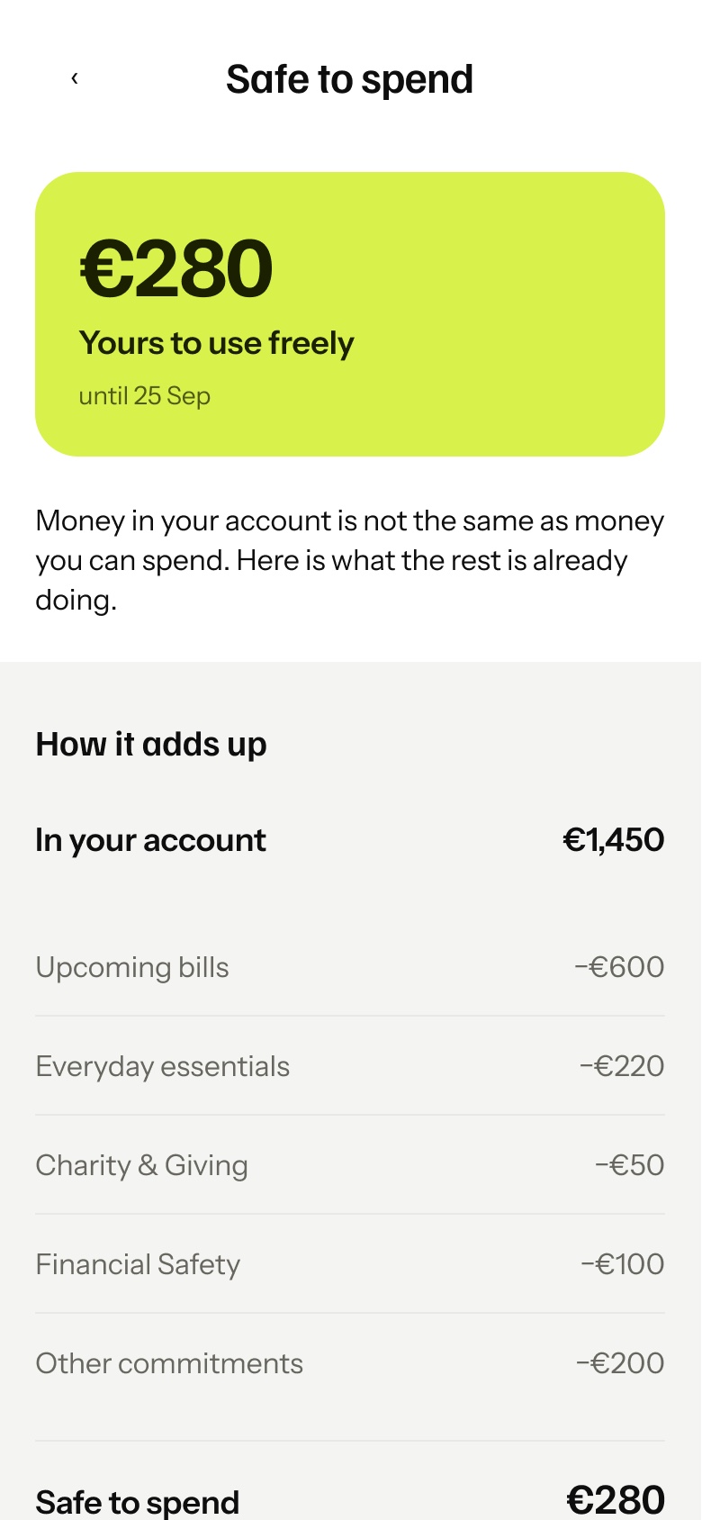 AONG safe to spend screen