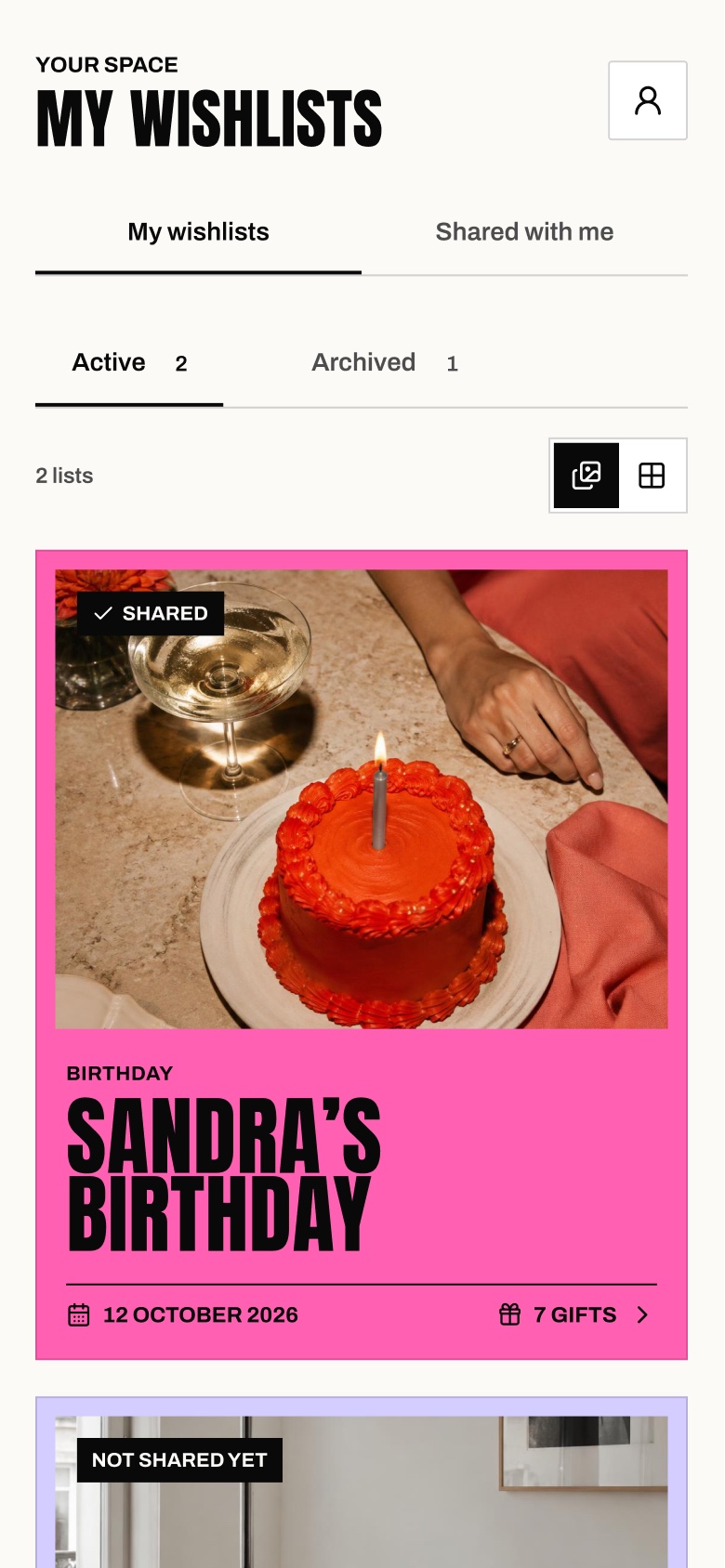 Wishlist screen with two birthday and housewarming lists